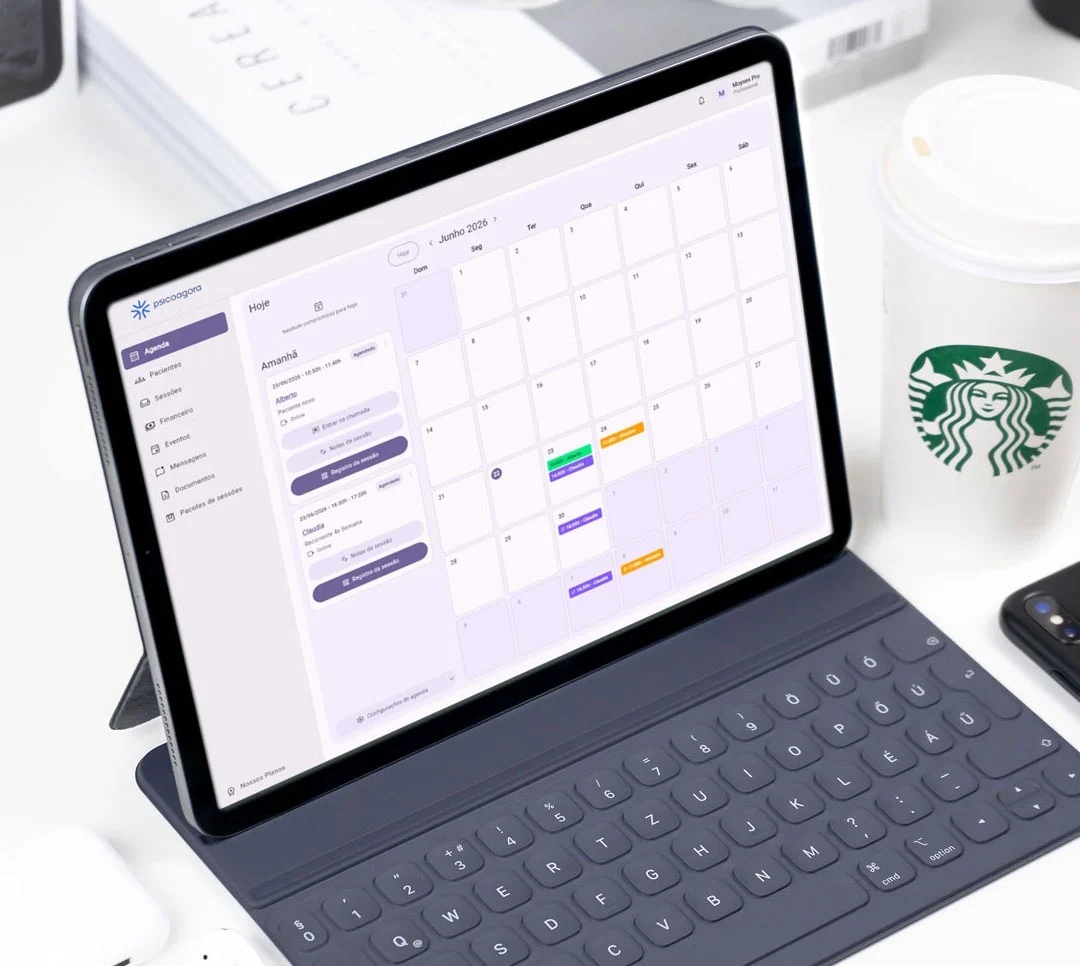 Tela da agenda da Psicoagora com calendário e compromissos organizados.